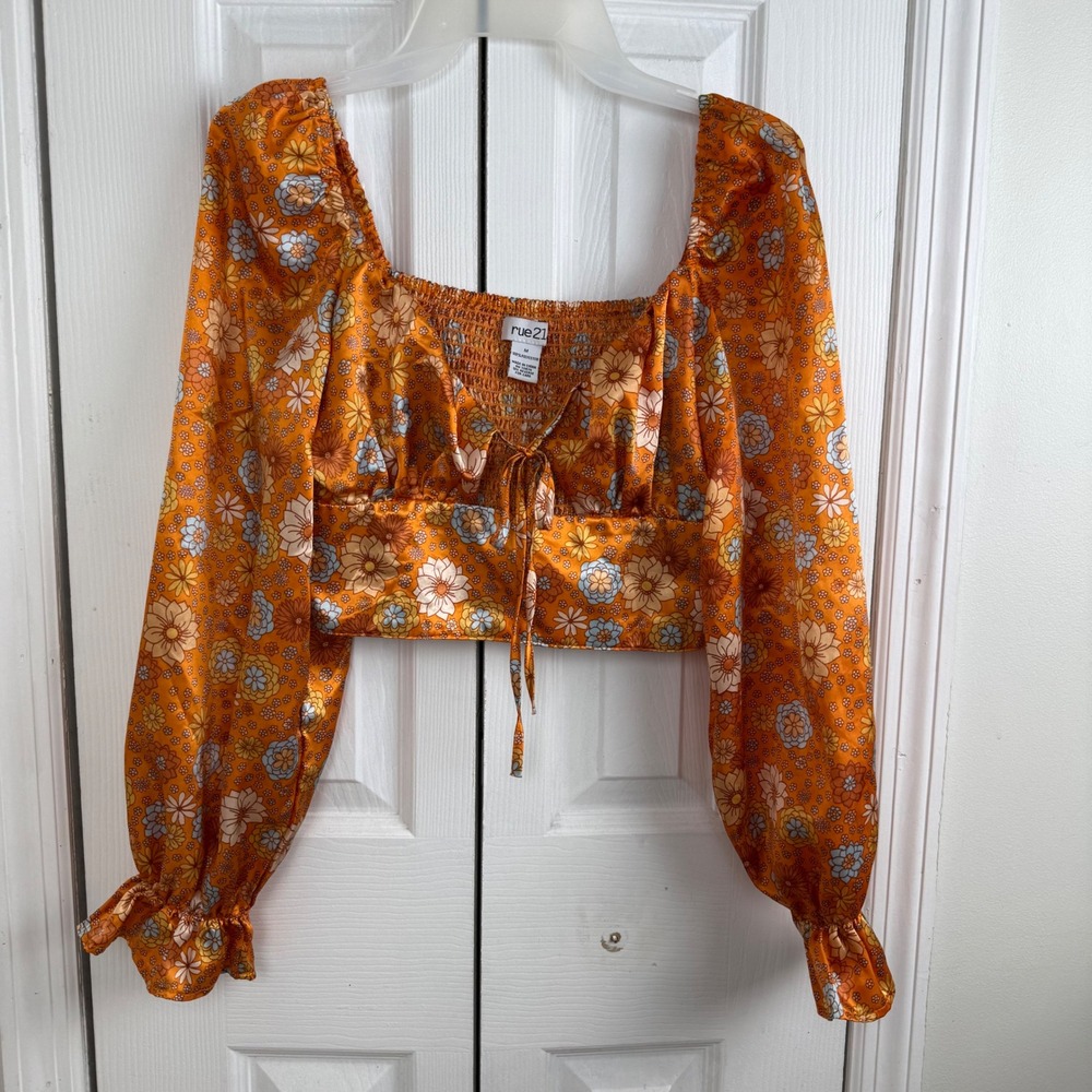 Floral Cottagecore Crop Top Puff Sleeve Smocked Boho Y2K Rue21 Womens M